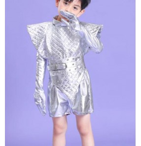 Boys kids Silver leather jazz dance costumes model show gogo dancers technology-themed shooting costumes mode show metaverse photography outfits for boys